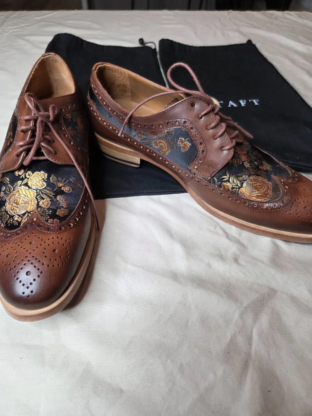 Men's TAFT The Harlan Floral Brogue Oxford Shoes - Brown - EU 42